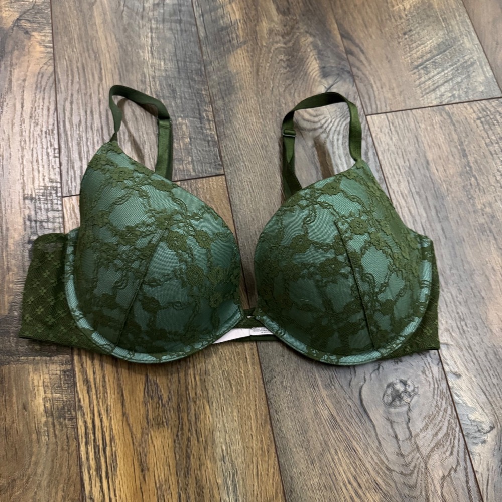 Victorias Secret Olive Green Floral Lace Push-Up Bra 36D Underwire Lingerie